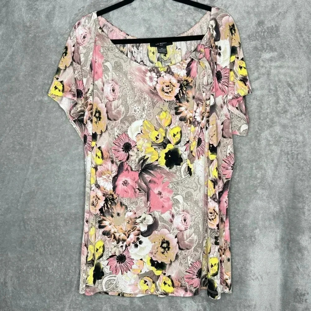 Liz McCoy 3X Shirt Top Brown Floral Short Sleeve Round Neck Stretch Casual